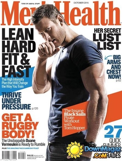 A picture of Tom Hopper in the cover page of the Men's Health magazine in October, 2015.
